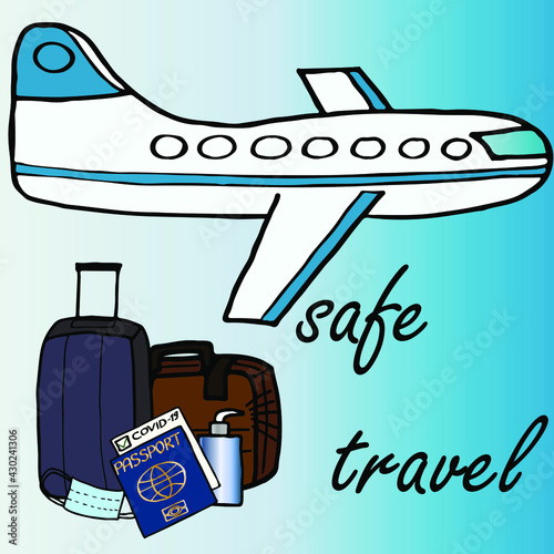 illustration of an airplane with an inscription in English, safe travel, coronavirus test results, protective equipment