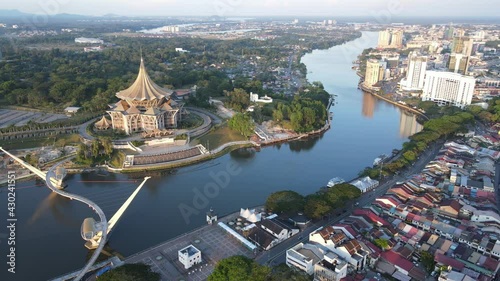 Kuching, Sarawak Malaysia - April 26 2021: The buildings, landmarks and scenery of Kuching city, capital of Sarawak, Borneo island. 