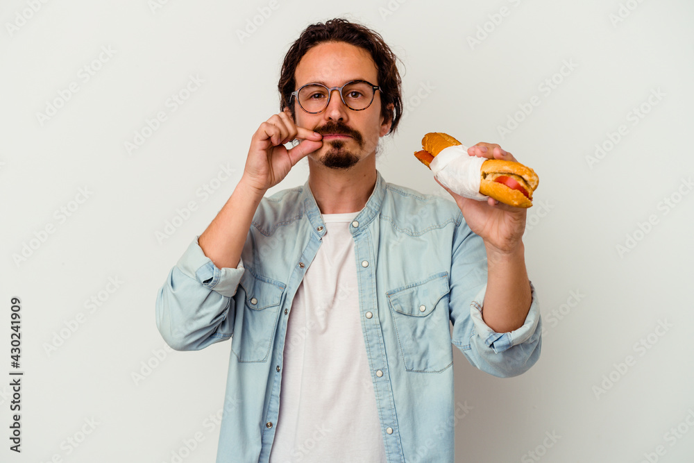 Young caucasian man holding a sandwich isolated on white background with fingers on lips keeping a secret. Young caucasian man holding a sandwich isolated on white background with fingers on lips keeping a secret.