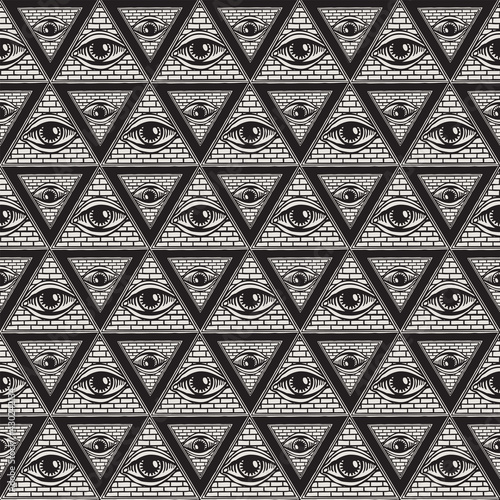 Geometric seamless pattern with All-seeing eye inside triangle pyramid. Vector hand-drawn background on the occult or alchemical theme with the third eye. Symbol Omniscience