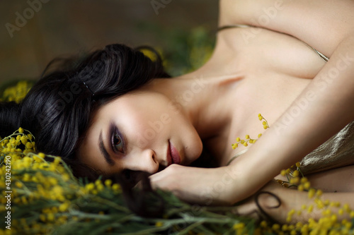 Close up portrait of a beautiful brunette girl laying on mimosa flowers