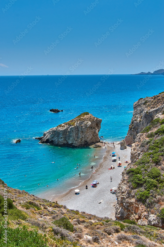 Aerial view over the rocky Kaladi beach, in Kythira island during Summer period in Greece, Europe