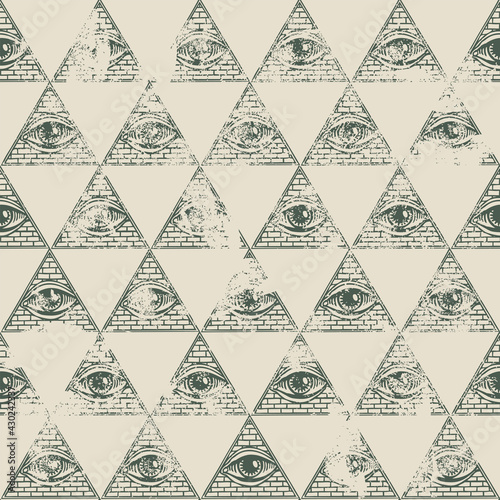 Seamless pattern with All-seeing eye inside triangle pyramid. Geometric vector background with hand-drawn Eye of Providence in grunge style. Ancient mystical sacral symbol Omniscience