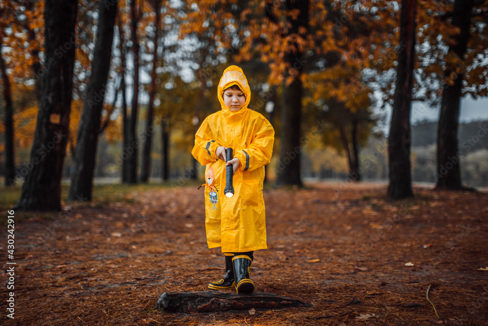 A little boy in a yellow raincoat and rubber boots plays on the street with a flashlight in an autumn park in yellow leaves. Portrait of a little happy and cheerful preschooler A little boy in a yellow raincoat and rubber boots plays on the street with a flashlight in an autumn park in yellow leaves. Portrait of a little happy and cheerful preschooler