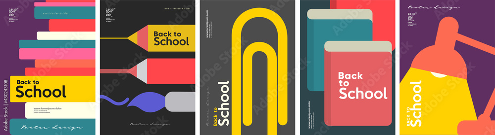 School backgrounds. A stack of books, stationery, a desk lamp, a paper clip. Set of flat, vector illustrations. Back to School. Elements and objects on school themes, simple background for poster.