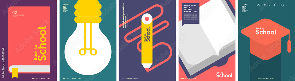 Fototapeta School backgrounds. Book, lamp, drawing pencil, graduation cap. Set of flat, vector illustrations. Back to School. Elements and objects on school themes, simple background for poster, cover, flyer.