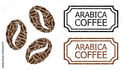 Collage cocoa beans organized from cacao seeds, and grunge Arabica Coffee rectangle seals with notches. Vector coffee items are united into abstract collage cocoa beans icon with brown color.