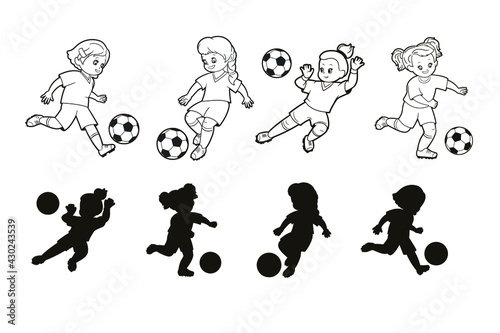 Coloring book: young girls football players play with a ball. A set of four shapes. Game - find the correct shadow. Vector illustration, cartoon, black and white lines.
