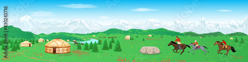 Central Asia's Nomadic Scene with Yurts, Mountains, summer landscape and riders Kyrgyz National competition Kok-Boru vector illustration