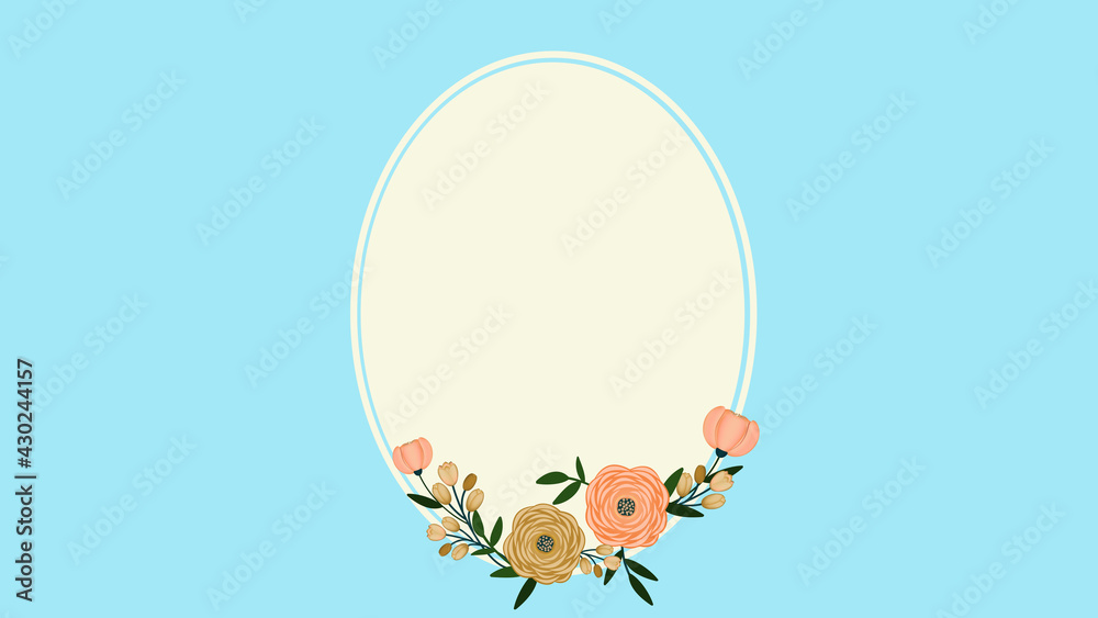 beautiful template, frame for photoshop in a romantic style. Oval with flower arrangement at the bottom on a blue background beautiful template, frame for photoshop in a romantic style. Oval with flower arrangement at the bottom on a blue background