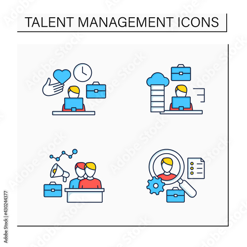 Talent management color icons set.Engagement,onboarding employees, career path, applicant tracking, Business Practice concept. Isolated vector illustrations