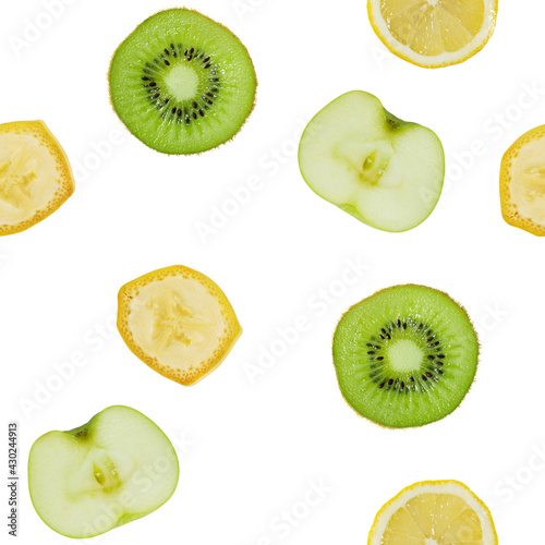 Seamless texture of fruit, kiwi, apple, banana and lemon