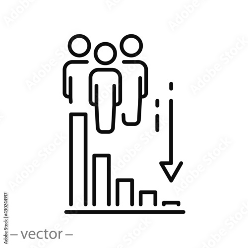 decrease population icon, less people, decline amount, demography drop, thin line symbol on white background - editable stroke vector eps10