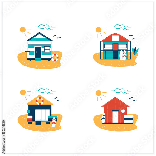 Beach hut flat icons set. Modern facade comfortable houses on beach. Perfect relax place. Seascape. Rest concept. Vector illustrations