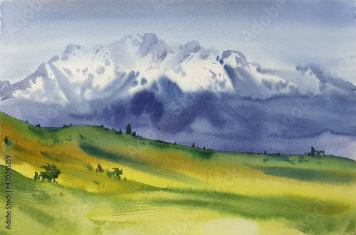 Watercolor landscape with mountains in the morning scene illustration