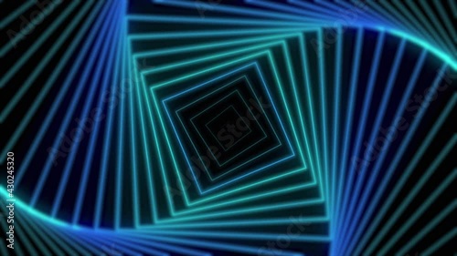 NEON BLUE GREEN spiral TUNNEL in shape of SQUARE RHOMBUS smoothly coming towards. ABSTRACT animation of GEOMETRIC background