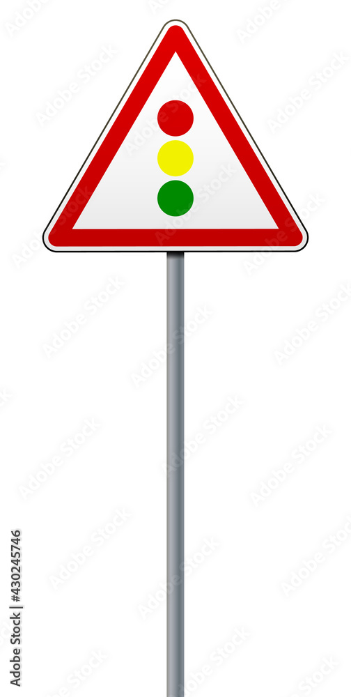 Warning road sign Traffic light regulation. A road sign on a metal pole. The isolated object on a white background. Vector illustration. Warning road sign Traffic light regulation. A road sign on a metal pole. The isolated object on a white background. Vector illustration.