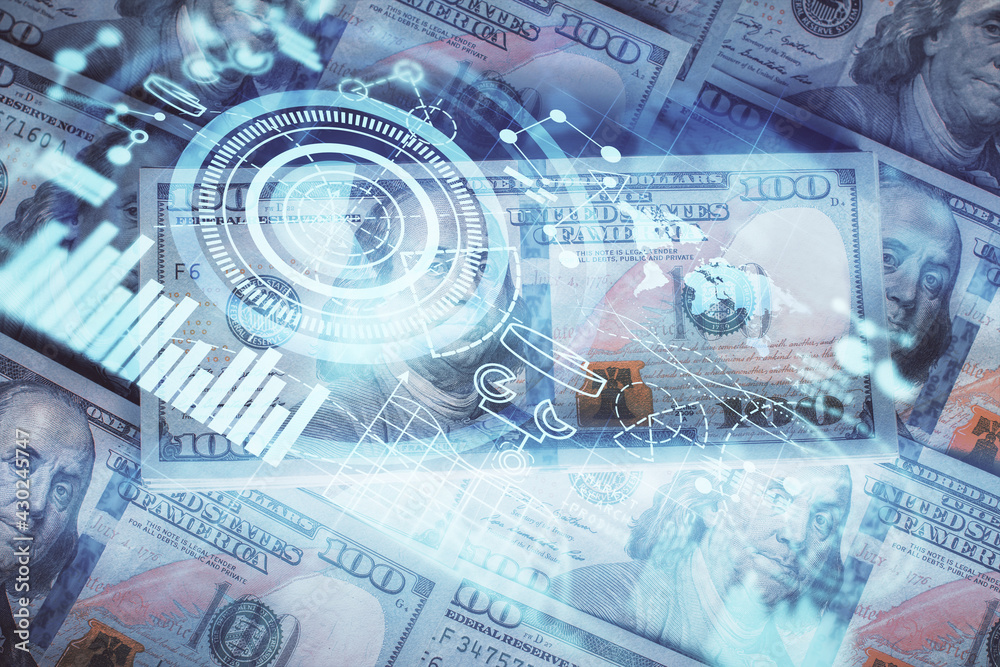 Multi exposure of business theme drawing over us dollars bill background. Concept of financial success. Multi exposure of business theme drawing over us dollars bill background. Concept of financial success.