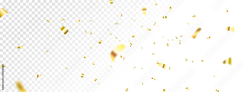 Golden confetti on long background. Anniversary party. Celebrate event card. Glitter falling paper. Carnival serpentine and tinsel. Birthday surprise decoration. Festive banner. Vector illustration