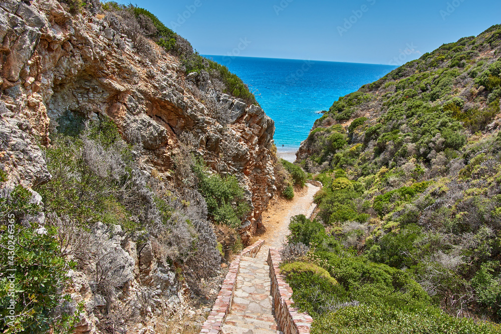 Aerial view over the rocky Kaladi beach, in Kythira island during Summer period in Greece, Europe
