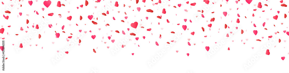 Heart confetti on long banner. Saint Valentine day background. International women celebration party. Birthday, wedding design elements. Romantic card. Honeymoon congratulation. Vector illustration