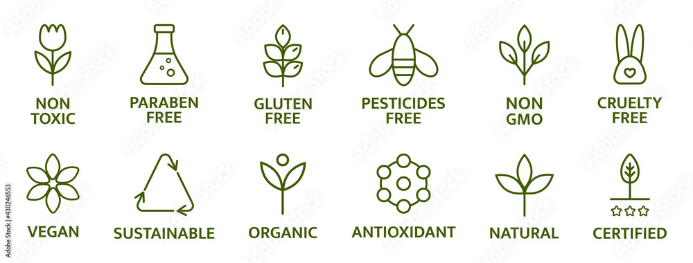 Organic and natural cosmetic line icons. Gluten and paraben free cosmetic. Allergen free badges. Non toxic logo. Skincare symbol. Beauty product. Eco, vegan label. Sensitive skin. Vector illustration