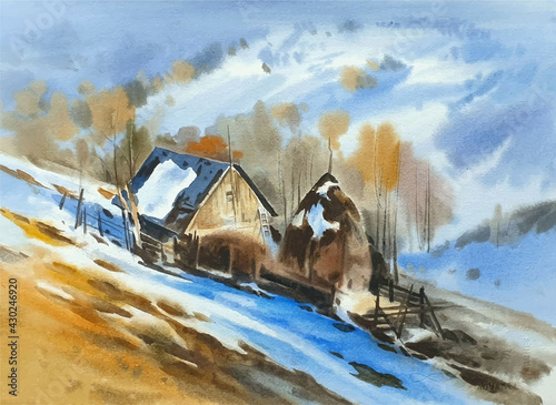 Watercolor landscape with mountains and snow illustration