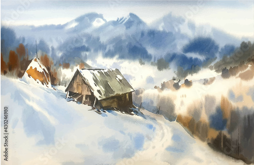 Watercolor landscape with mountains and snow illustration