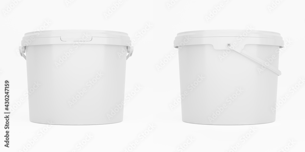 White 3,5l plastic paint can / bucket / container with handle and no label, isolated on white background. - obrazy, fototapety, plakaty 