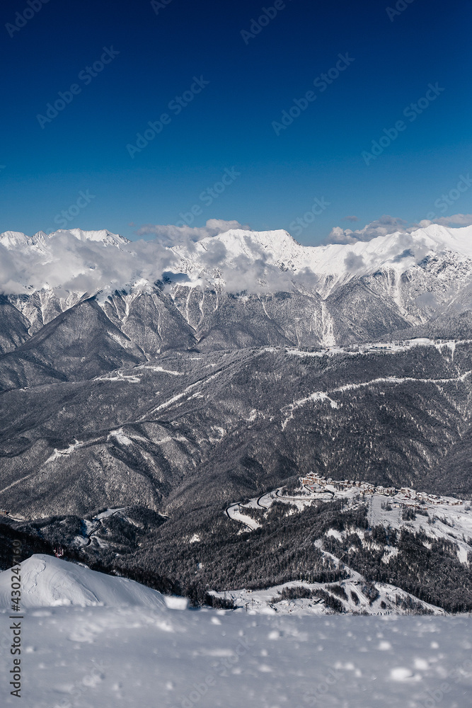 Winter mountain landscape of Krasnaya Polyana, Sochi, Russia