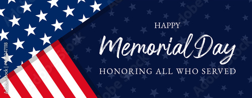 Vector of US Memorial Day celebration background banner or greeting card, with text and USA flag elements.