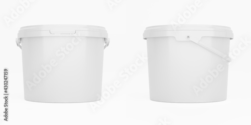 White 3,5l plastic paint can / bucket / container with handle and no label, isolated on white background. photo