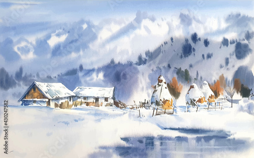 Hand drawn watercolor landscape with mountains and house illustration