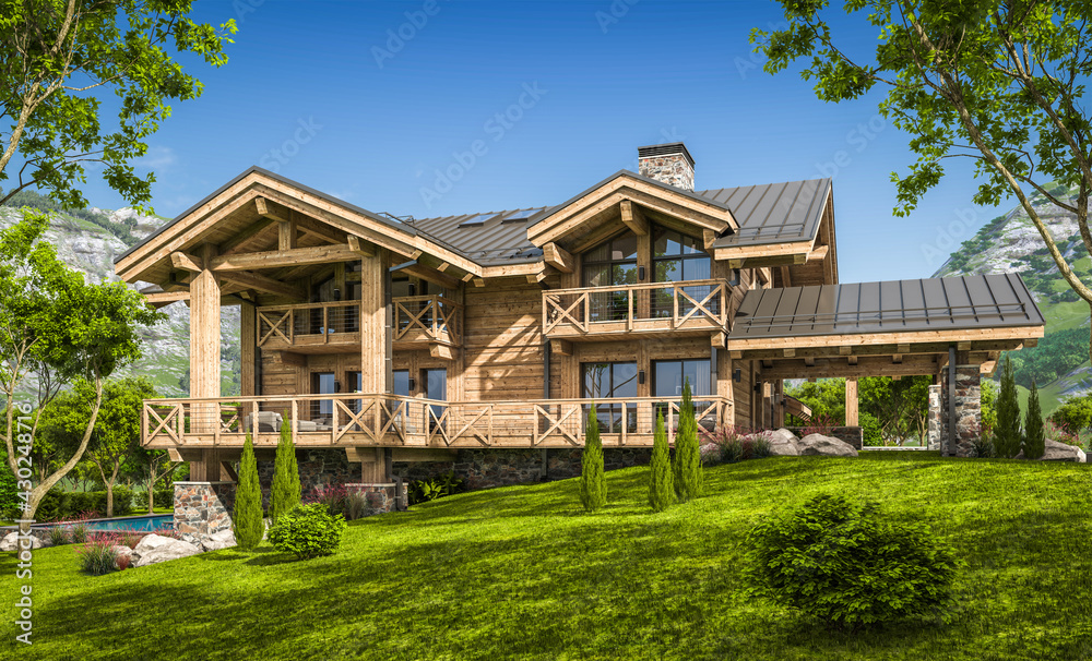 3d rendering of modern cozy chalet with pool and parking for sale or rent. Beautiful forest mountains on background. Massive timber beams columns. Clear sunny summer day with cloudless sky.