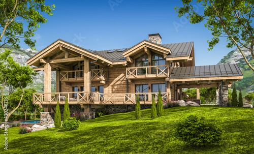 3d rendering of modern cozy chalet with pool and parking for sale or rent. Beautiful forest mountains on background. Massive timber beams columns. Clear sunny summer day with cloudless sky. © korisbo