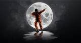 Dancing astronaut on the background of the moon and space. Vector illustration