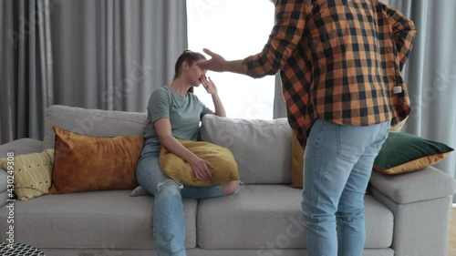 Newly married young couple where a man attacks and mentally abuses her young wife due to sick jealousy and possessiveness and she suffers from domestic violence trying to defend herself from him 