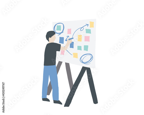 ホワイトボードにアイデアを張り出している会議中の男性　A man in a meeting posting ideas on a whiteboard