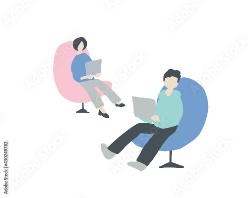 おしゃれなソファーで仕事をしている男女　Men and women working on fashionable sofas