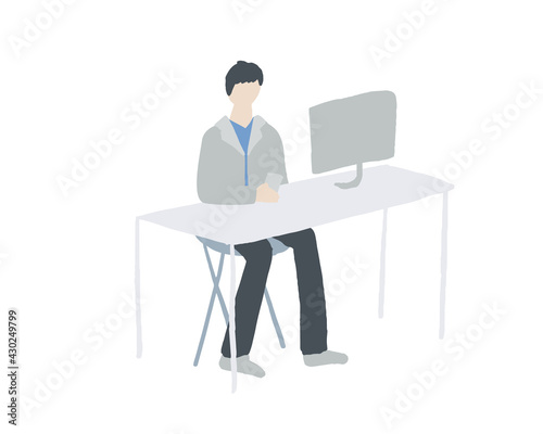 アイソメトリック風デスクで仕事をしている男性 A man working at an isometric desk