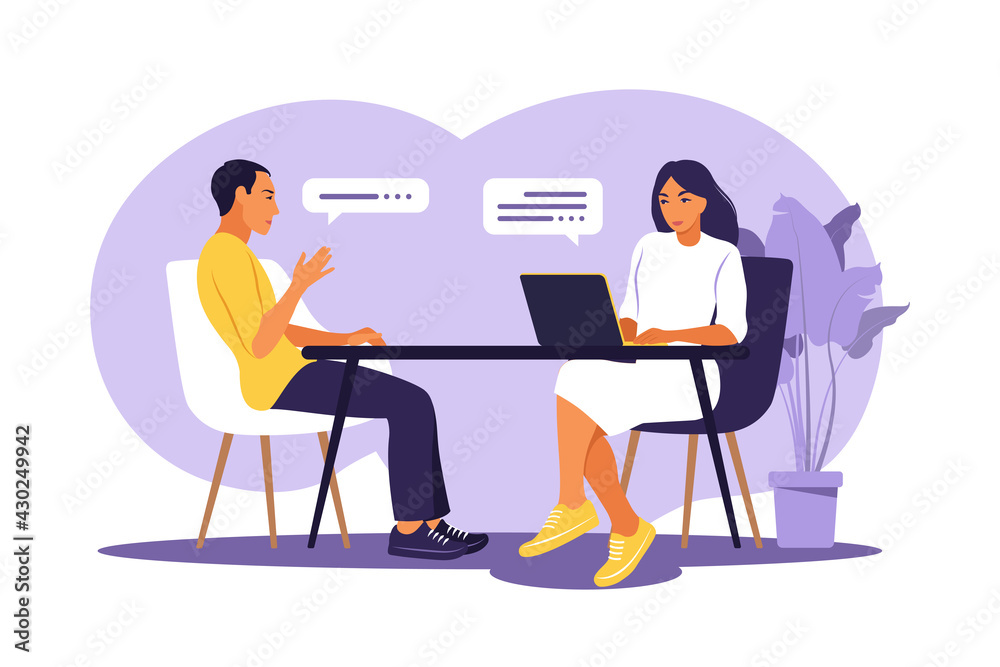 Job interview conversation. Hr manager and job candidate meeting for interview. Vector illustration. Flat.