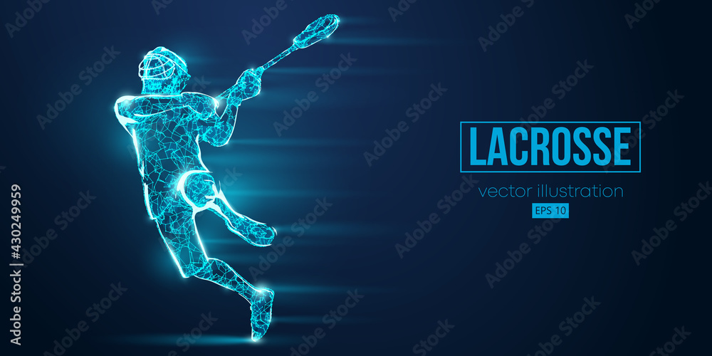 Abstract silhouette of a wireframe lacrosse player from particles on the blue background. Convenient organization of eps file. Vector illustartion. Thanks for watching