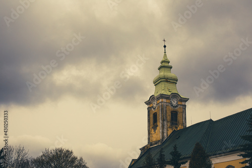 Baroque church in small village on a rainy day.High quality photo.