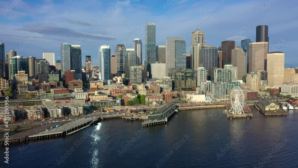 Aerial: Flying Right to Left on Seattle Waterfront Downtown Towards Belltown Aerial: Flying Right to Left on Seattle Waterfront Downtown Towards Belltown