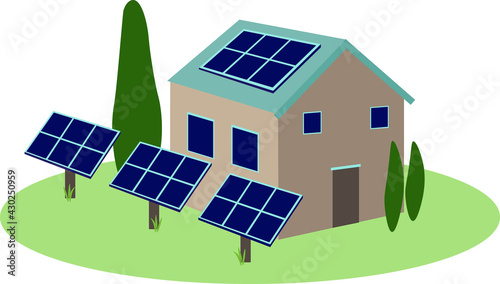 House with solar panels. Vector illustration of green alternative energy