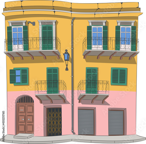 Traditional Italian house with balconies in Palermo. Sicily.