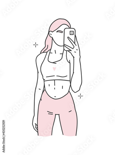 Girl takes a selfie. Sportswear, top, leggings. Slim fit, long hair. Hard fitness, bodybuilding, workouts at home. Outline drawing in a minimalistic modern style, fashion sketch. Vector illustration