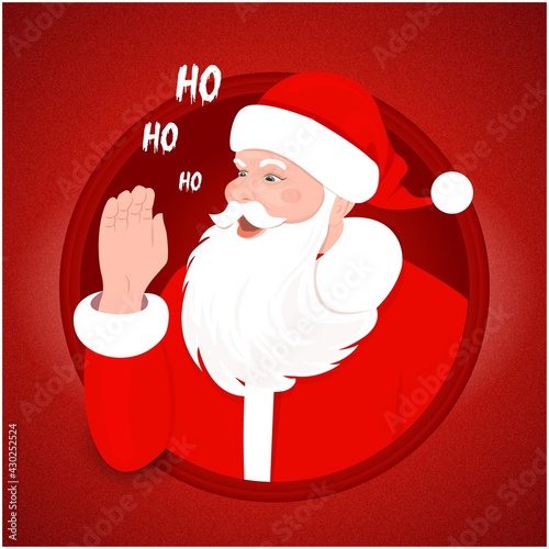 Santa shouts, Cute Santa Claus says ho ho ho on green background vector illustration design. Old man greeting in clauses suit telling Happy New Year. Modern Christmas Holiday Banner