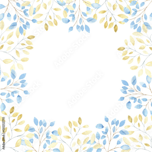 Watercolor square frame with blue and gold leaf branches on a white background. Botanical illustration for postcards, interior, fabrics