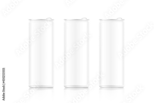 Realistic aluminum can mockup set. Vector illustration isolated on white background. Can be used for beer, water, soda, energetic, etc. Easy to use for presentation your product, idea, design. EPS10.	
